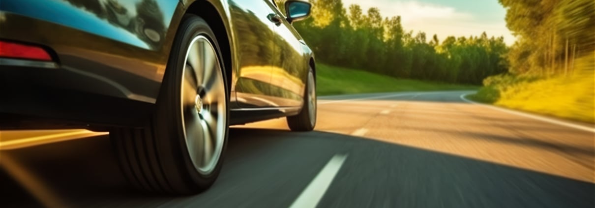 Low angle side view of car rushes along the highway at sunset