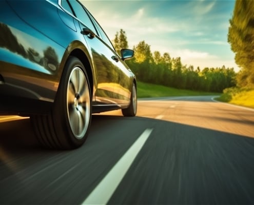 Low angle side view of car rushes along the highway at sunset