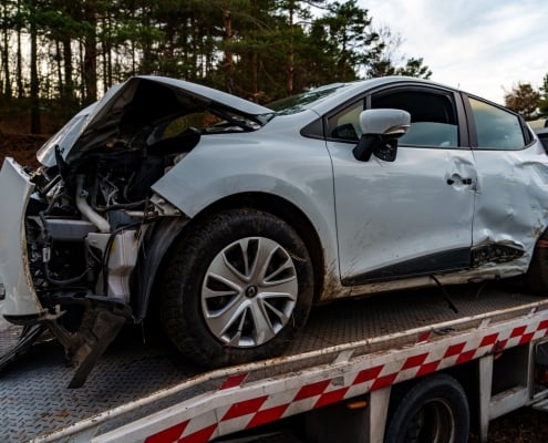 Rental Vehicle crashed to tree on country road in Between Ardino and Karzdhali, Rodophi Mountains and Car was loading to Tow truck from and securing from wheels to be stable on road.