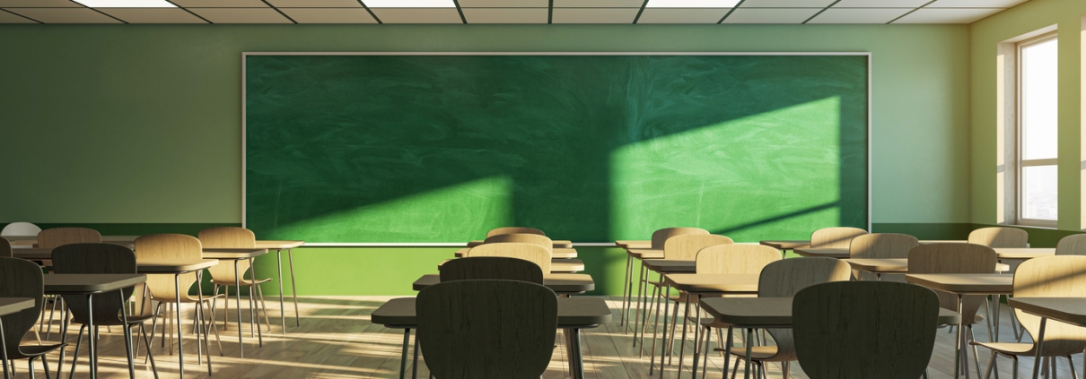 An empty classroom with chairs, desks, and a green chalkboard, illuminated by sunlight, evoking education concept. 3D Rendering