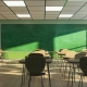 An empty classroom with chairs, desks, and a green chalkboard, illuminated by sunlight, evoking education concept. 3D Rendering