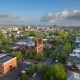 Wilmington, North Carolina, USA historic churches and downtown viewed from above.