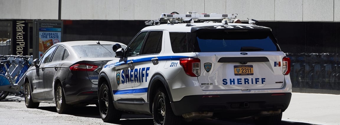 Police vehicle parked in the Manhattan borough of downtown New York City