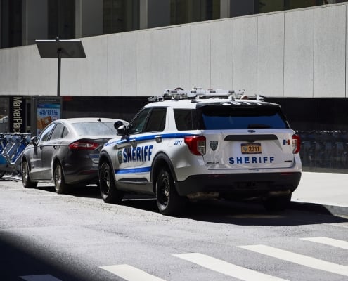 Police vehicle parked in the Manhattan borough of downtown New York City