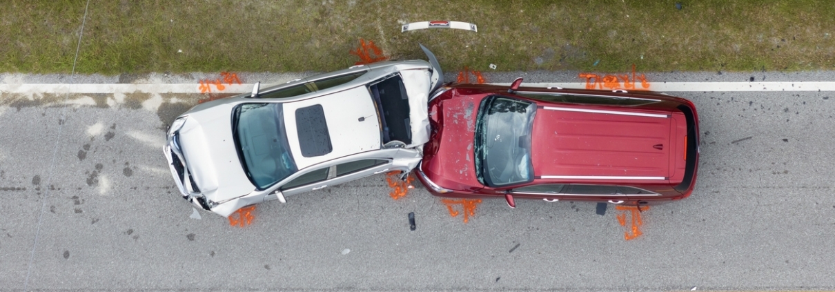 Car crash with two vehicles collided at traffic accident site on American street.