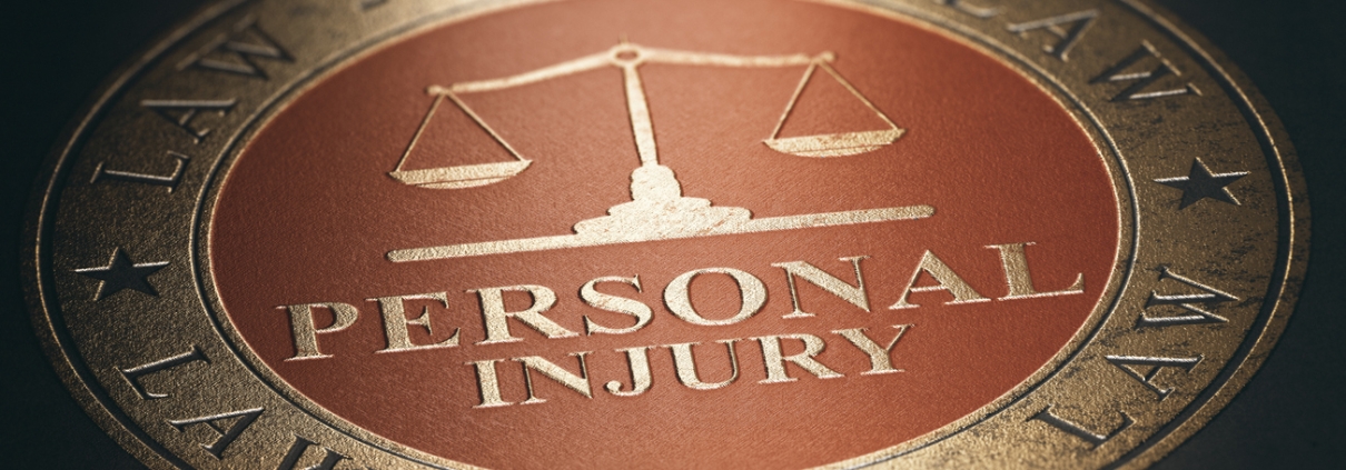 Personal injury written with golden letters over red and black background. Law concept. 3D illustration.