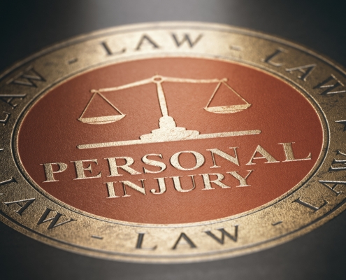 Personal injury written with golden letters over red and black background. Law concept. 3D illustration.